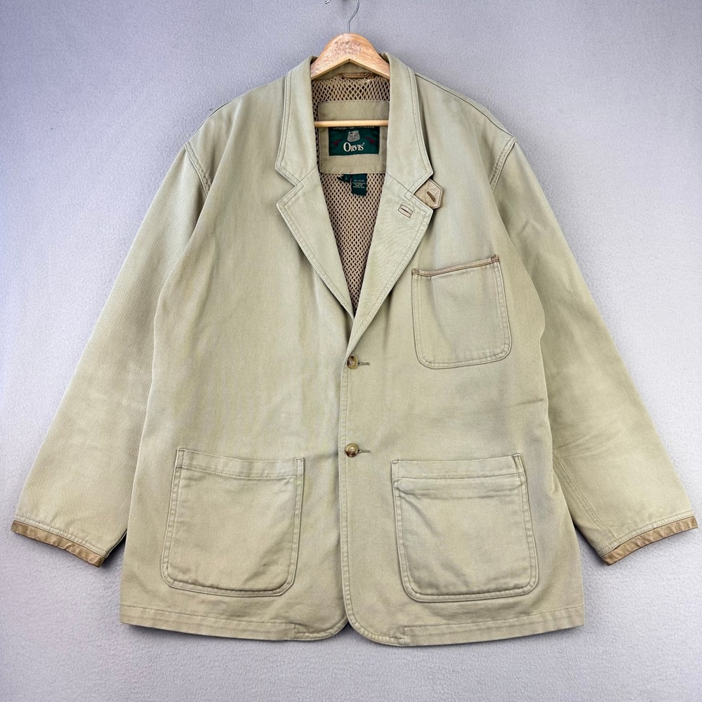 VTG 80s Orvis Field Jacket Mens L Tan Outdoor Canvas Elbow Patch Safari Fishing
